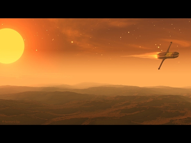 Another 3-D computer-modelled image of "Anastasia" flying over a Martian landscape